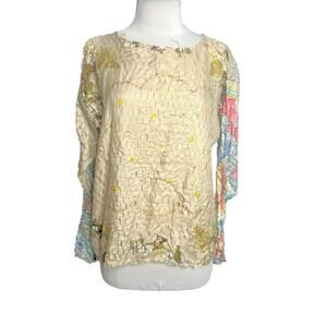 La Prestic Ouiston paris perforated silk print blouse horse and carriage floral